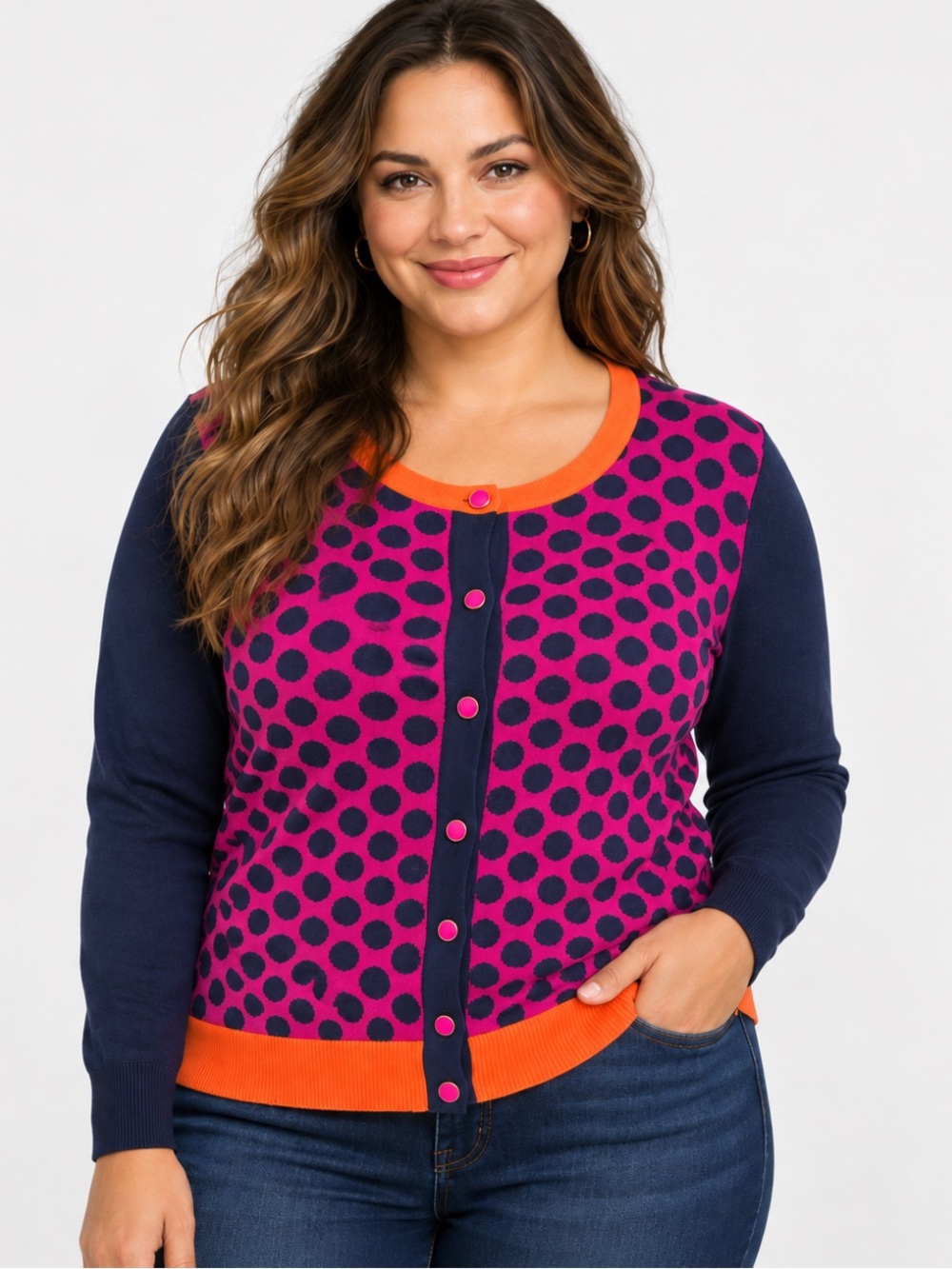 Charter Club NWT Standout Polka Dot Colorblock Cardigan Pink Navy Orange XL